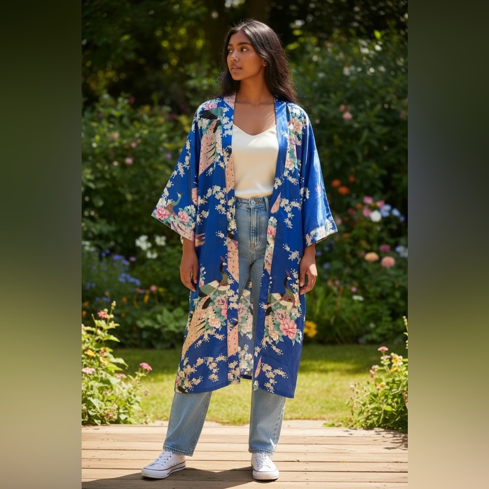 VINTAGE NK SILK Asian Motif Robe‎ Kimono Blue OS